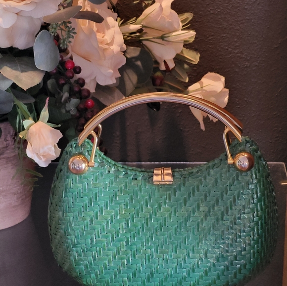 RODO vintage 70s green wicker crescent shaped handbag - Picture 7 of 11